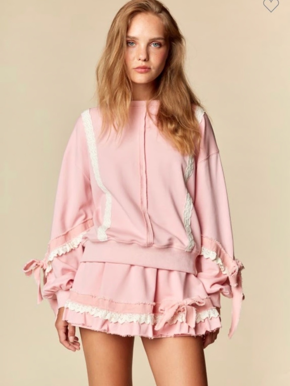 Pink Lace-Trim Ruffle Lounge Top & Skirt Set